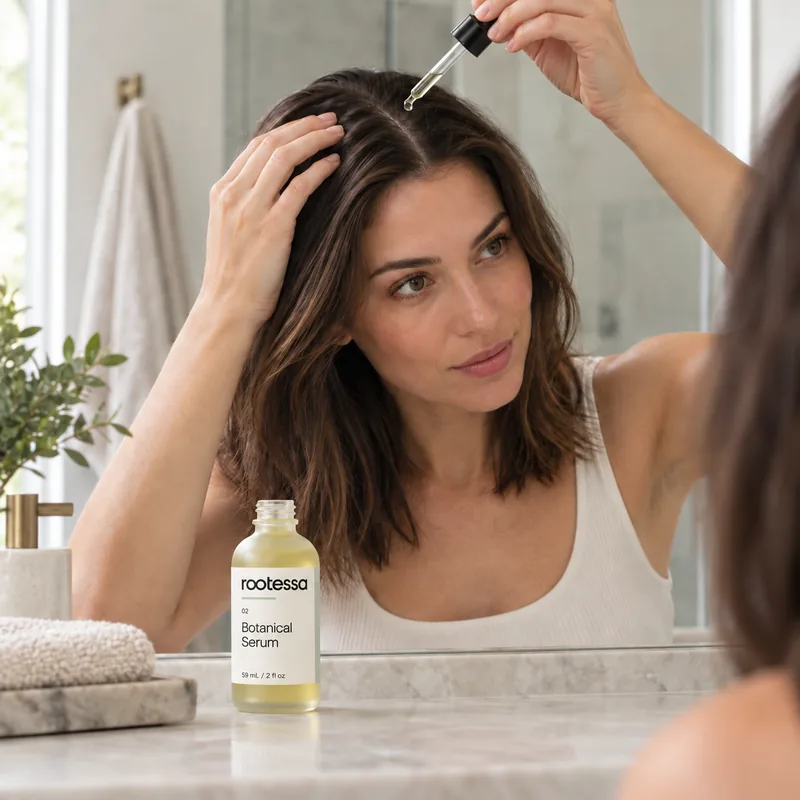 Illustration: an adult applying Botanical Serum to the scalp with the dropper, in front of a mirror.