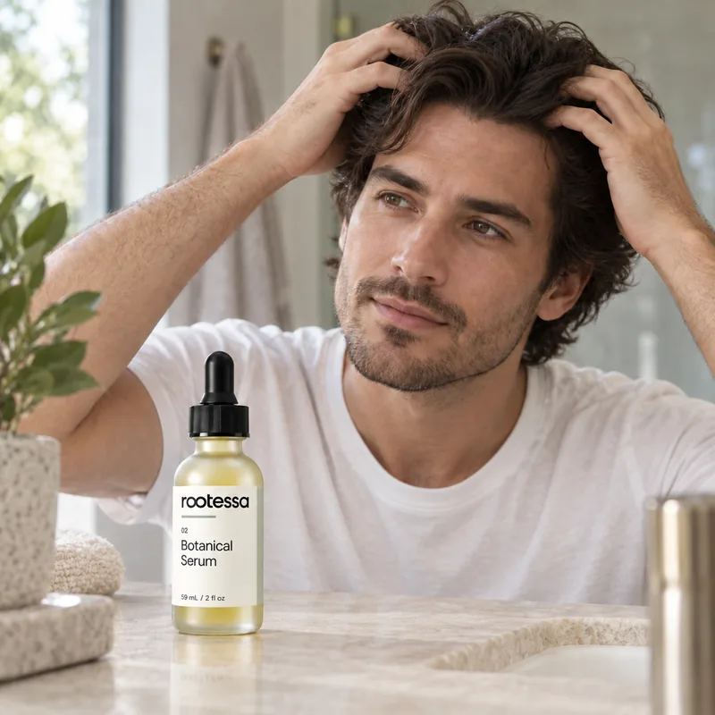Illustration: an adult at the bathroom mirror, with a bottle of Botanical Serum on the counter.