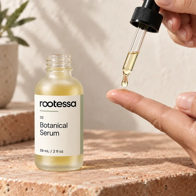 A drop of pale golden Botanical Serum falling from the dropper onto a fingertip.