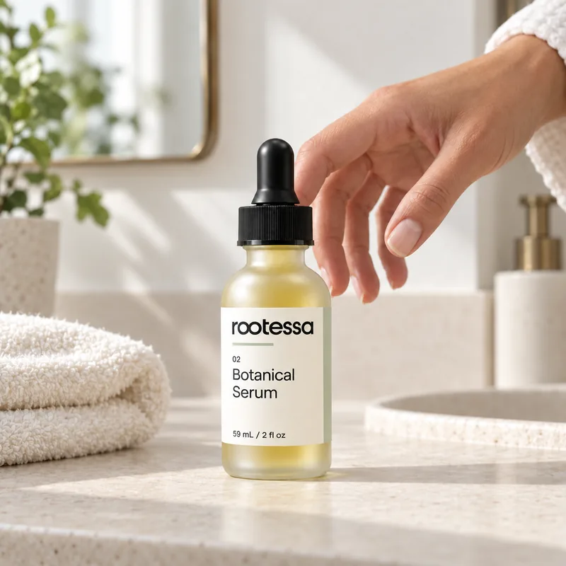 A hand reaching for a bottle of Rootessa Botanical Serum on a bathroom counter.