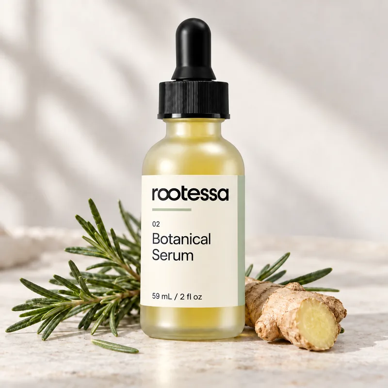 Rootessa Botanical Serum on a stone counter with fresh rosemary and ginger root.