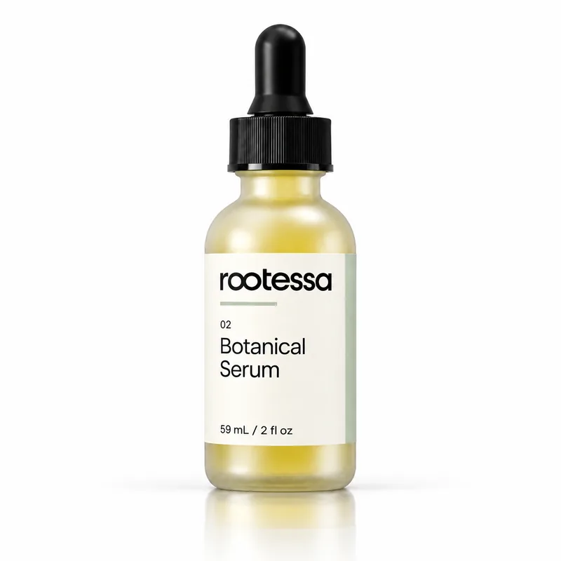 Rootessa Botanical Serum, 59 ml clear glass bottle with a black dropper and an ivory label.