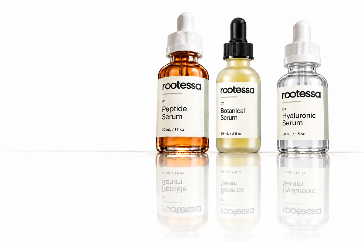 Rootessa Peptide Serum, Botanical Serum and Hyaluronic Serum photographed from a low angle on a white reflective surface.