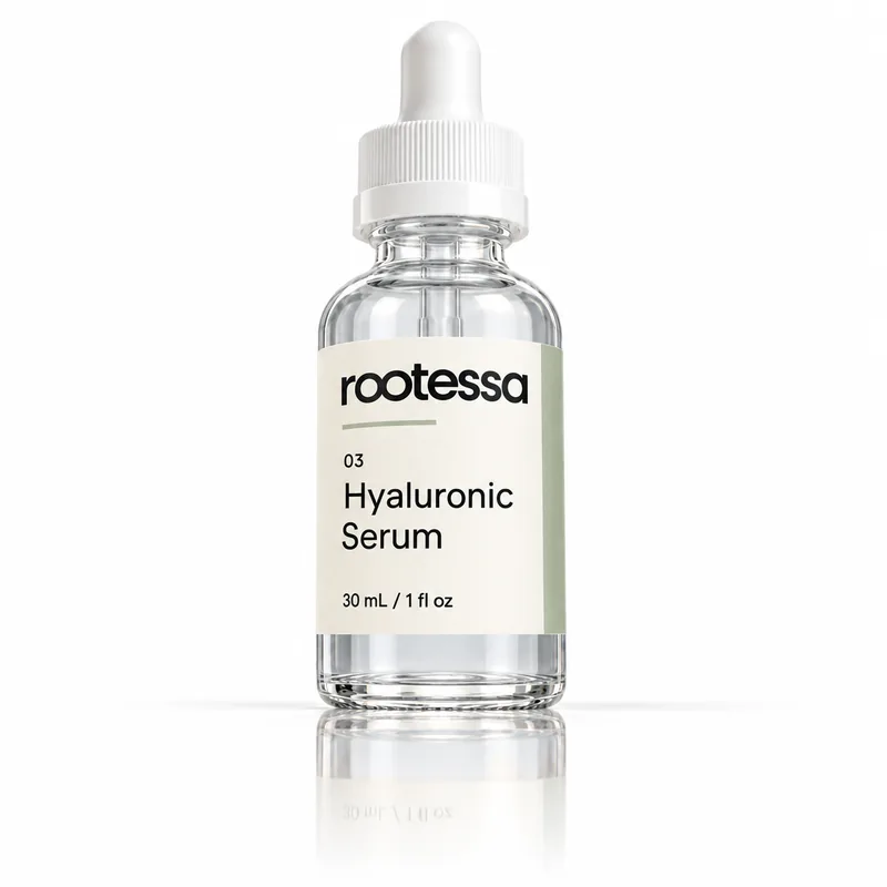 Rootessa Hyaluronic Serum, 30 ml clear glass bottle with a white dropper.