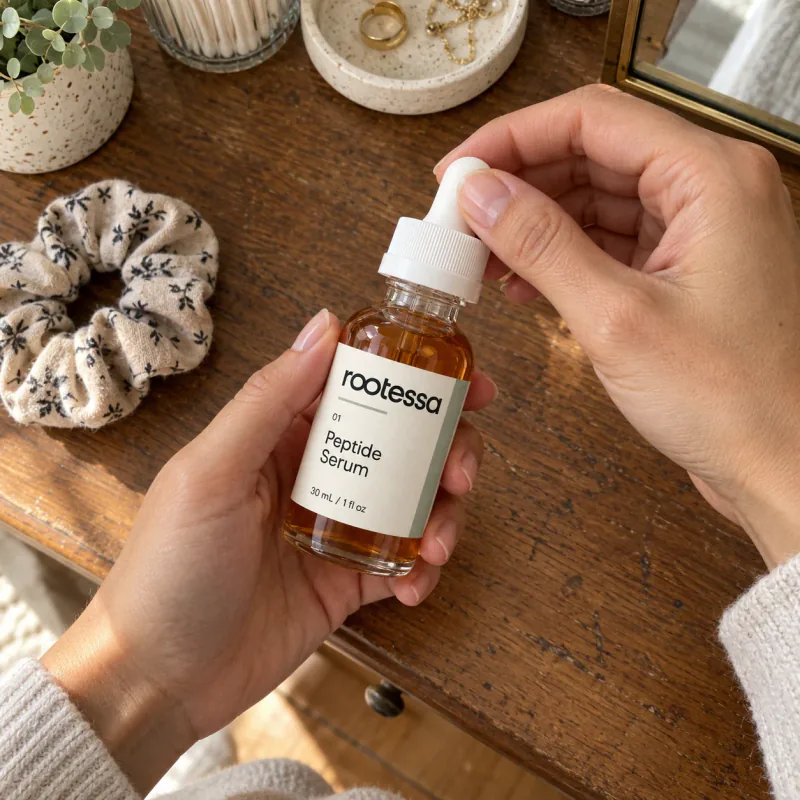 Hands holding Rootessa Peptide Serum above a wooden dresser.